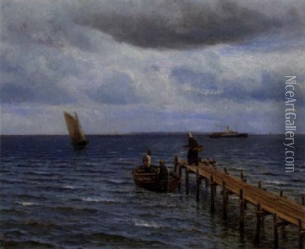 Badebro Med En Kone Og To Fiskere I En Jolle Oil Painting - Holger Luebbers