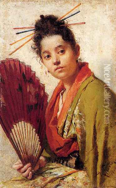 A Young Girl Holding A Fan Oil Painting - Roberto Fontano