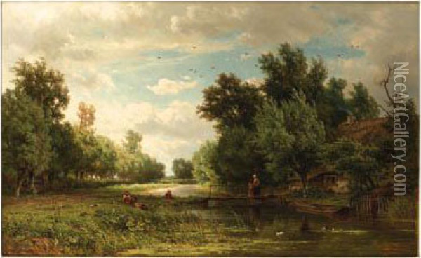 Geldersch Landschap: Young Anglers On A Riverbank With A Cottagenearby Oil Painting - Jan Willem Van Borselen