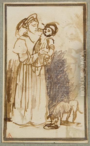 Mother And Child, With A Dog Oil Painting - Johannes Leupenius
