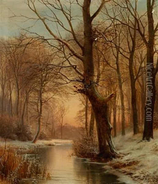 Late Afternoon In A Forest With A Frozen Brook Oil Painting - Anders Andersen-Lundby