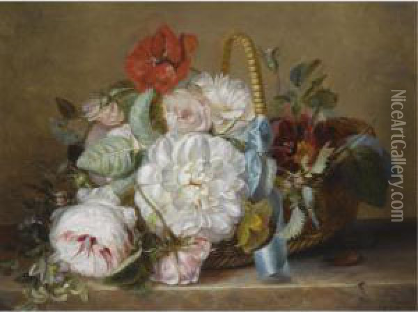 Flowers In A Basket Oil Painting - Adriana-Johanna Haanen