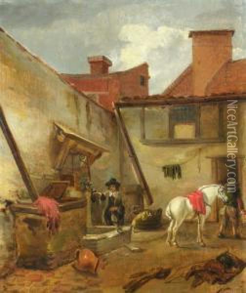 Rastender Reiter In Einem Innenhof Oil Painting - Hendrik van der Burgh