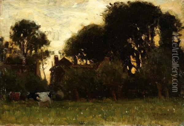 Cows In A Meadow With A Farm In The Background Oil Painting - Gerardus Johannes Roermeester