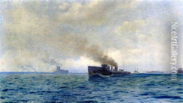 Battle Ships Oil Painting - Emilios Prosalentis