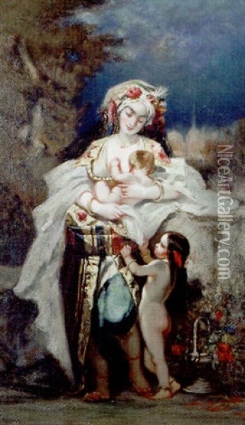 Femme Turque Et Enfants Oil Painting - Louis Devedeux