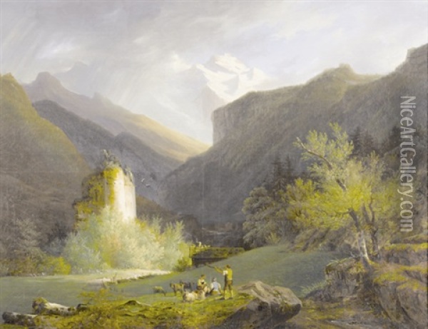 Landschaft Mit Jungfrau Und Ruine Unspunnen Oil Painting - Francois Diday
