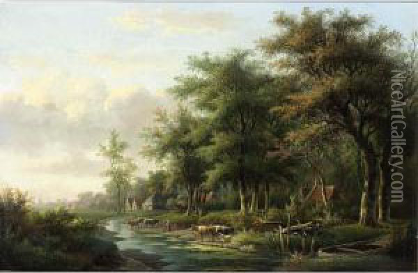 Cows In A River Landscape Oil Painting - Willem De Klerk