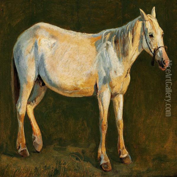 Staende Hvid Hest Oil Painting - Johan Thomas Lundbye
