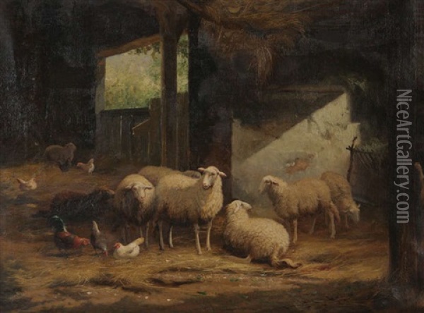 Moutons Et Poules Dans L'etable Oil Painting - Jean-Baptiste Leopold van Leemputten