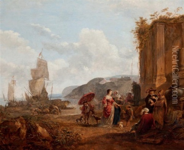 L'arrivee D'une Jeune Noble Dans Un Port Mediterraneen Oil Painting - Carel van Falens