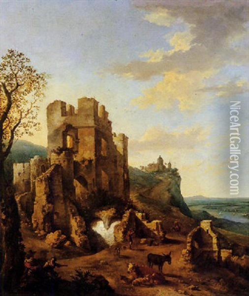 Paesaggio Agreste Con Fiume, Rovine Ed Animali Oil Painting - Johann Heinrich Roos