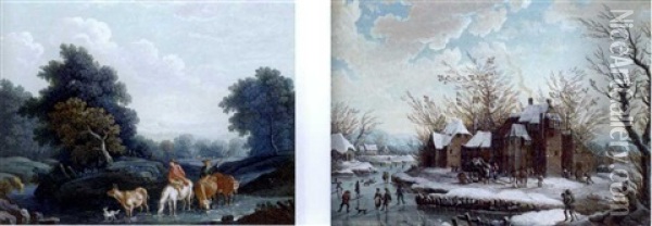 A Wooded Landscape With Peasants And Cattle Fording A Stream (+ A Winter Landscape With Skaters By A Fortified Farm; Pair) Oil Painting - Christoph Ludwig Agricola