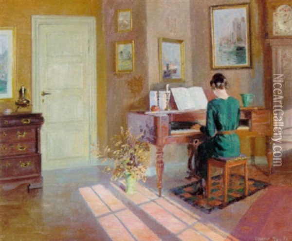 Interior Med Dame I Gront Ved Klaveret Oil Painting - Robert Panitzsch