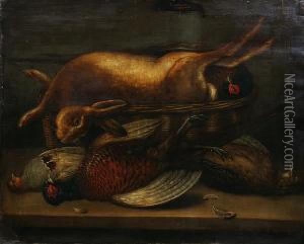 Pheasant, Partridge And Hare In A Larder Oil Painting - A. Coleman