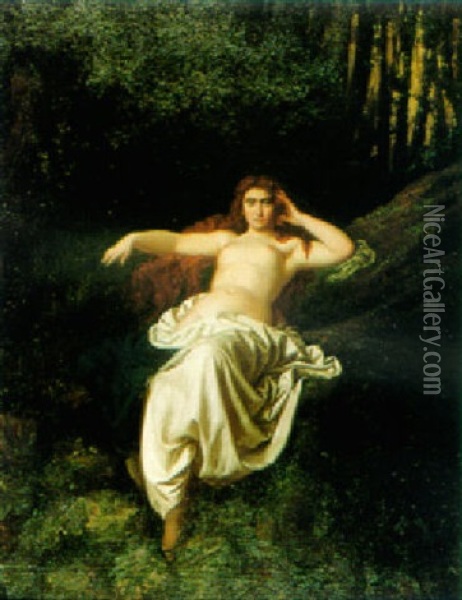 Reclining Semi-draped Female Nude In Woodland Oil Painting - Caesar Willich