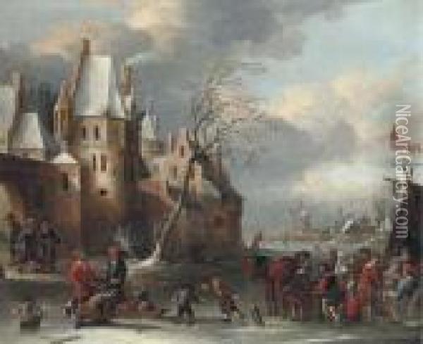A Frozen River Landscape With Skaters By A Walled Town Oil Painting - Thomas Heeremans