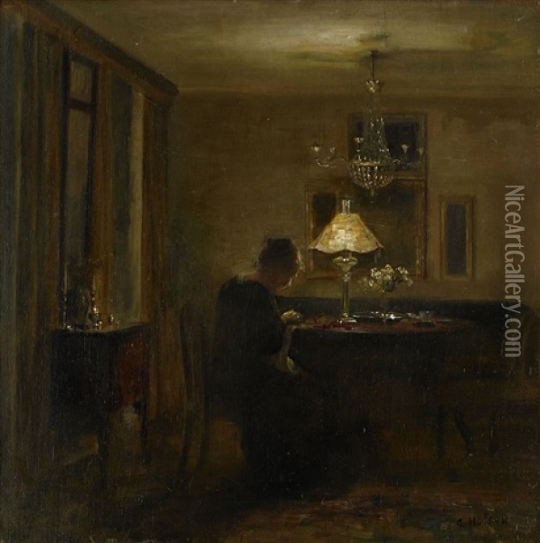 Interior Med Broderande Kvinna Oil Painting - Carl Vilhelm Holsoe