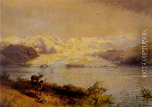 Elk Viewing Frozen Mountain Landscape In Spring Oil Painting - Hermann Herzog