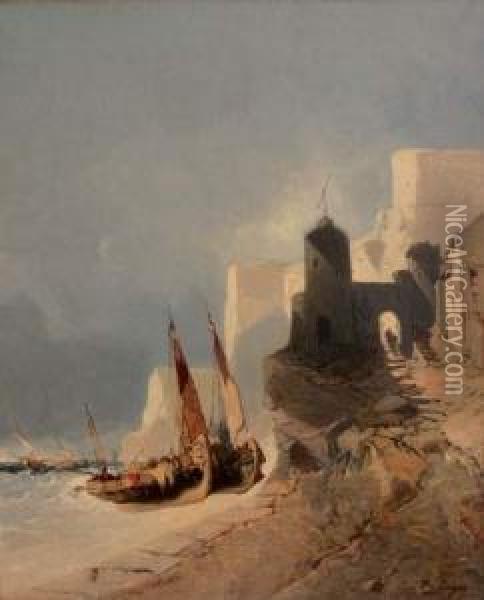 Bateau Mediterraneen Echoue Pres D'une Cote Orientale Oil Painting - Eugene Deshayes