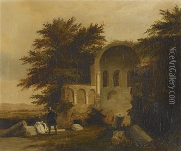 Biedermeierliches Paar Vor Romanischer Kirchenruine Oil Painting - Antoine Xavier Gabriel de Gazeau