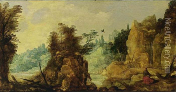 An Extensive River Landscape With Elijah Fed By The Ravens Oil Painting - Joos De Momper