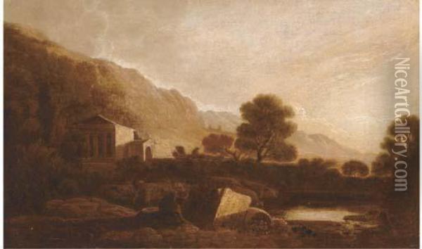 A Temple In An Italianate Landscape Oil Painting - Richard Wilson