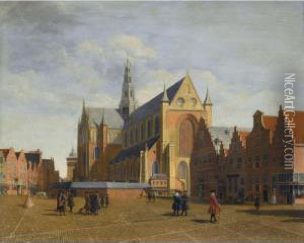 Haarlem The Groote Markt Looking Towards The Church Of Saint Bavo Oil Painting - Jan Vincentz Van Der Vinne