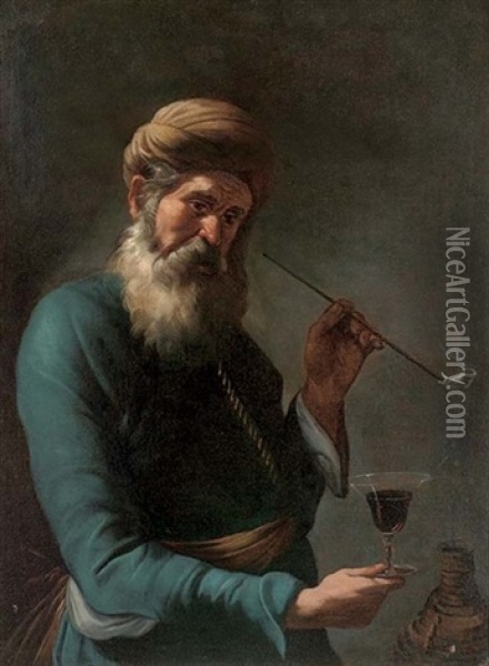A Bearded Man In Oriental Costume, Smoking A Pipe, A Glass Of Wine In His Right Hand Oil Painting - Gregorio Preti