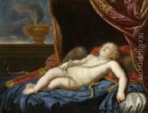 Cupid Sleeping. Oil Painting - Pierre Le Romain I Mignard