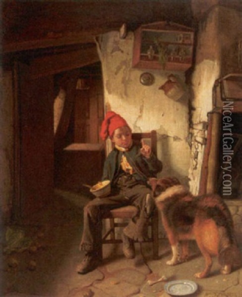 Genreszene. Bauernknabe Ermahnt Bettelnden Hund Oil Painting - William Baxter Collier Fyfe