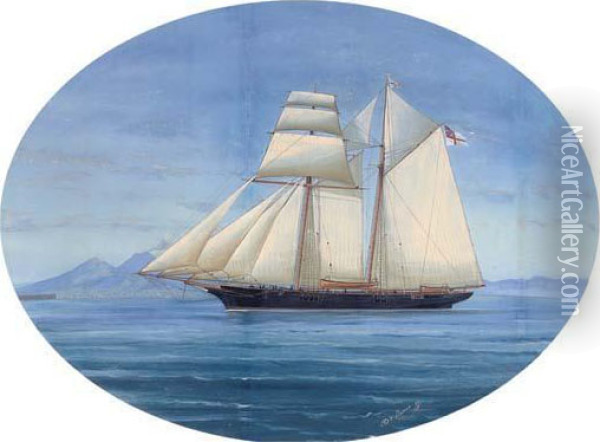 A Topsail Schooner Of The Royal Yacht Squadron In The Mediterranean Off Naples Oil Painting - Atributed To A. De Simone