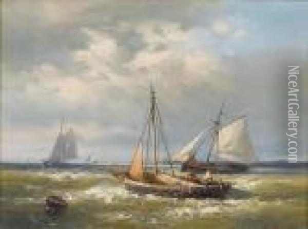 Shipping In A Calm; A Stiff Breeze Oil Painting - Abraham Hulk Jun.