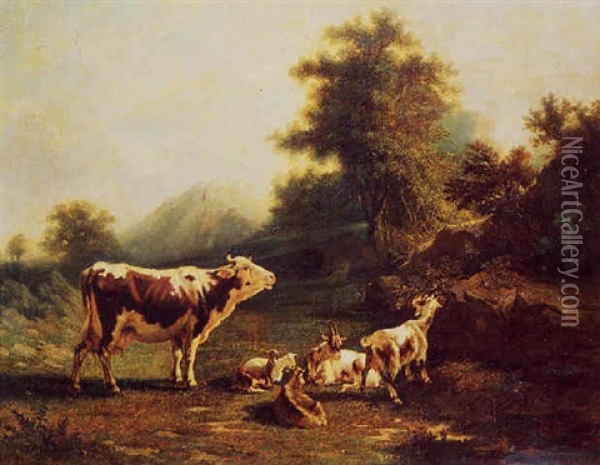 Vache, Boucs Et Chevres Dans Un Paysage Champetre Oil Painting - Jacques Raymond Bracassat