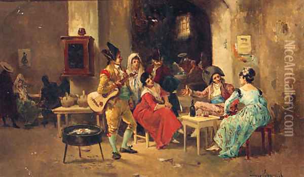 Spanish Figures In An Interior Oil Painting - Eugenio Lucas Villamil