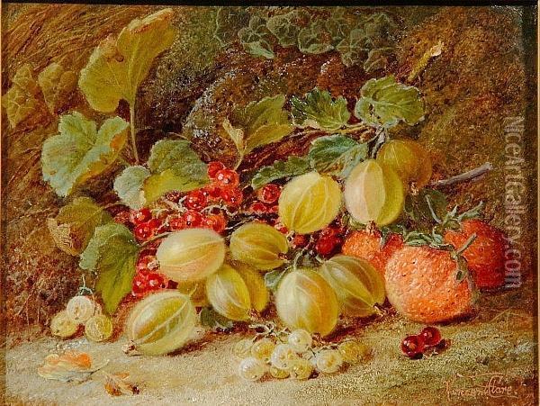 A Still Life With A Pear And Raspberries On A Mossy Bank Oil Painting - Oliver Clare