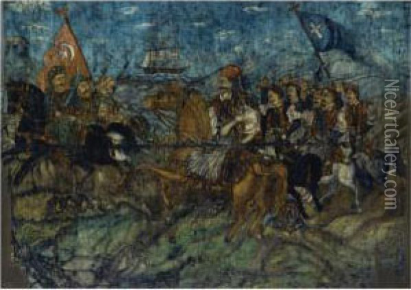 Karaiskakis At The Battle Of Faliron, 22 April 1826 Oil Painting - Hadjimichail Theophilos
