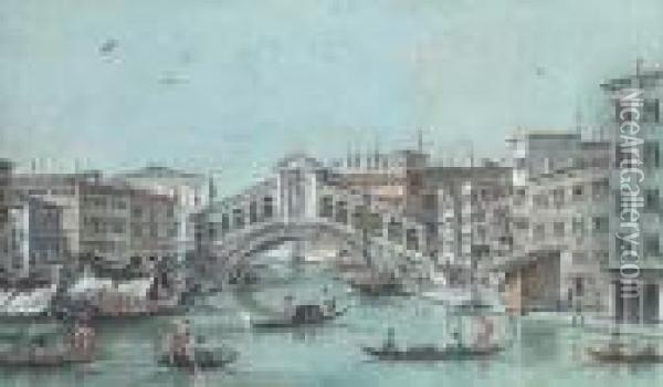 View Of The Rialto Bridge And The Fondaco Dei Tedeschi,venice Oil Painting - Giacomo Guardi