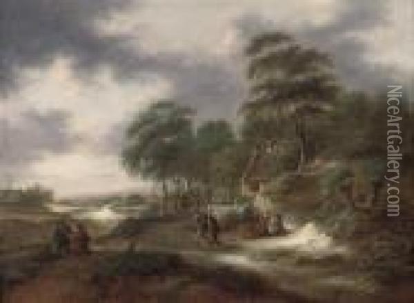 A Wooded Landscape With Figures On A Track By A House Oil Painting - Claes Molenaar (see Molenaer)