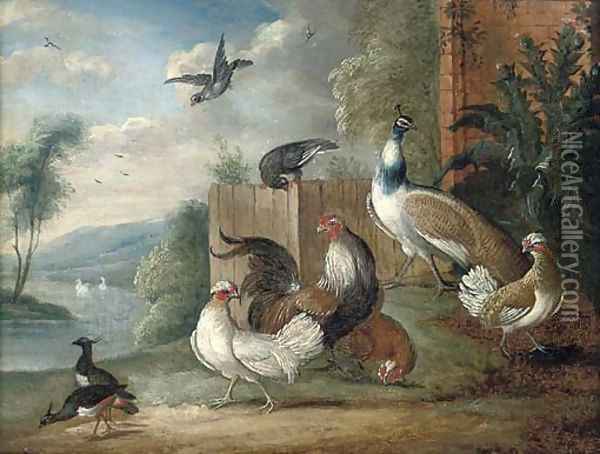 A peacock, a cockeral, hens and pigeons in a wooded clearing Oil Painting - Marmaduke Cradock