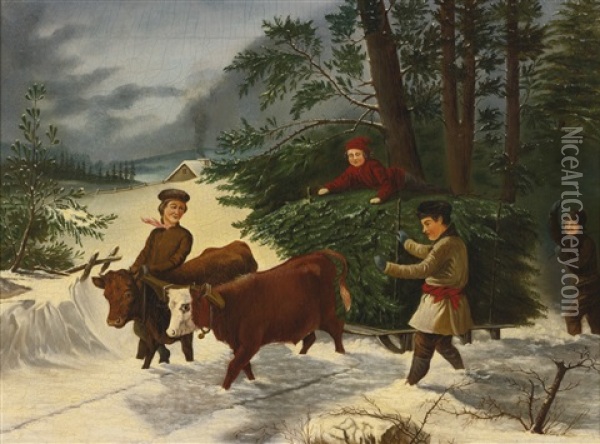 Children Harvesting Christmas Trees Oil Painting - Linton Park