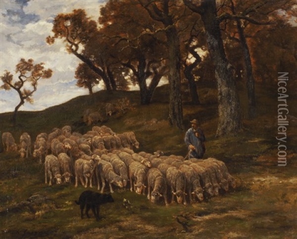 Berger Et Son Troupeau De Moutons Oil Painting - Charles Emile Jacque
