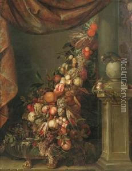 Festone Di Frutta Con Tendaggio E Vasellame In Argento Oil Painting - Jan Pauwel Ii Gillemans