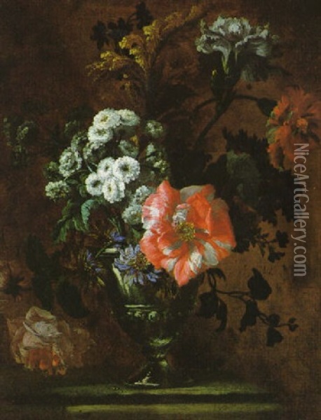Blumenstraus Von Rosen, Nelken, Chrysanthemen Und Anderen Bluten In Einer Prunkvase Oil Painting - Jean-Baptiste Monnoyer