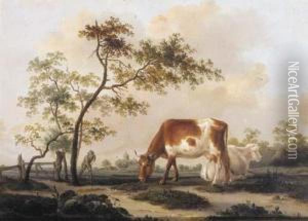 Cows On A Farmyard With A Village In The Distance Oil Painting - Pieter Gerardus Van Os