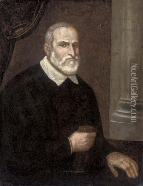 Portrait Of A Gentelman, Half-length, Seated, A Book In His Right Hand Oil Painting - Domenico Tintoretto