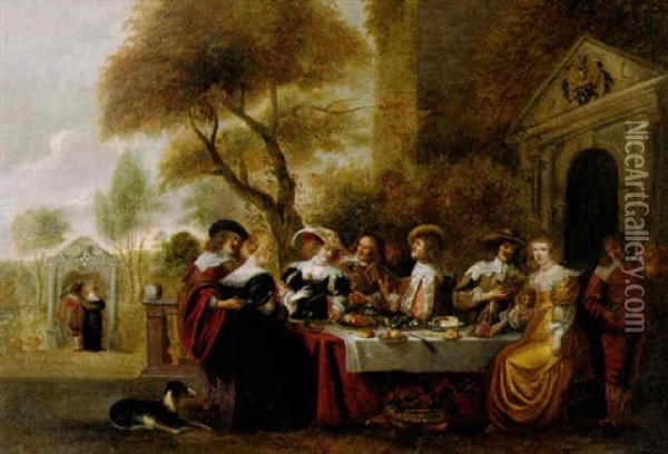 Elegant Company At The Table On A Terrace By A Classical Portico Oil Painting - Christoffel Jacobsz. Van Der Lamen