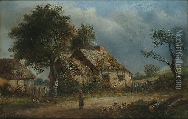 A Figure And Chickens Before A Cottage Oil Painting - Joseph Thors