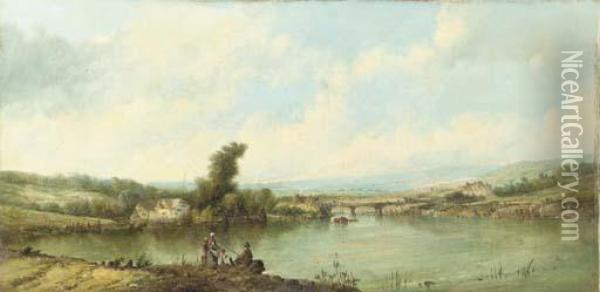 A Family Fishing By The River Oil Painting - A.H. Vickers