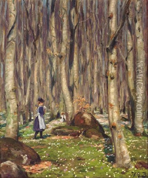 Plukning Af Blomster I Skoven Oil Painting - Hans Andersen Brendekilde
